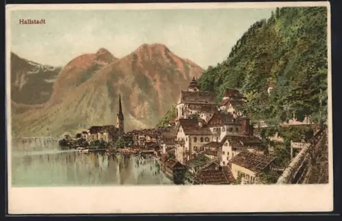 Lithographie Hallstatt, Uferpartie mit Kirche