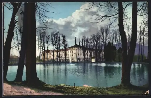 AK Admont, Blick über den Teich auf die Stiftskirche