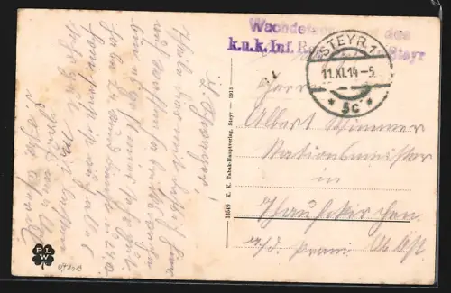 AK Steyr /O.-Ö., Stadtplatz mit Geschäften u. Turmgebäude