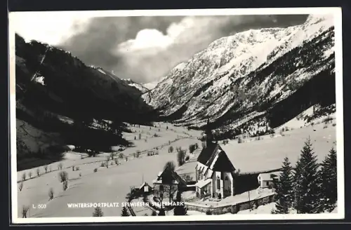 AK Seewiesen /Steiermark, Kirche mit Umgebung im Winter aus der Vogelschau