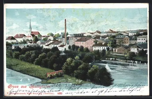 AK Mattighofen, Ortsansicht mit Gewässer aus der Vogelschau