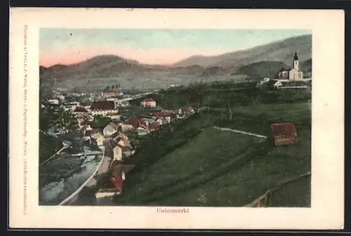 AK Untermarkt, Ortsansicht mit Brücke u. Kirche aus der Vogelschau