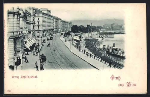 AK Wien, Franz-Josefs-Quai mit Strassenbahn und Dampfer