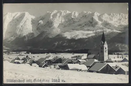 AK Mitterndorf, Ortsansicht mit Grimming im Winter