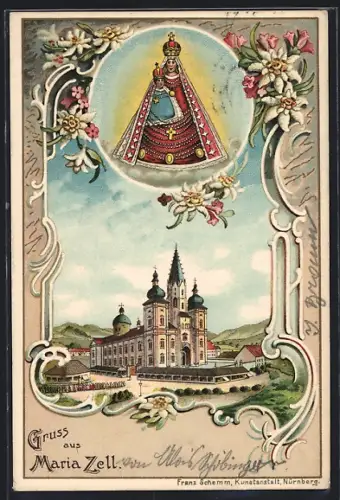 Lithographie Maria Zell, Heilige Maria über der Kirche