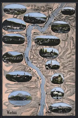 AK Melk, Landkarte mit den Ortschaften an der Donau