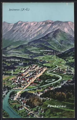 AK Reichenau, Ortstotale am Schwarzafluss, Blick auf Raxalpe