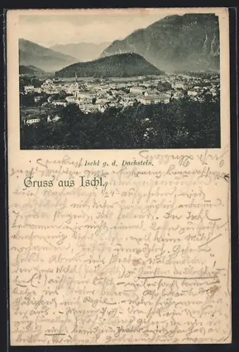 AK Ischl, Ortspanorama g. d. Dachstein