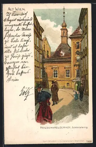 Lithographie Alt-Wien, Heiligenkreuzerhof, Schönlaterng
