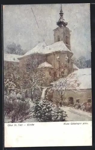 Künstler-AK Hans Götzinger: Ober St. Veit, Winterpartie an der Kirche