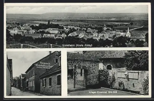 AK Lonsheim, Bäckerei und Gasthof zur Post, Inh. Karl Hilsdorf, Krieger-Ehrenmal 1914-1918