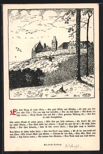 Künstler-AK Coburg, Ansicht der Veste Coburg vom Waldrand aus