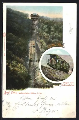 AK Bad Ems, Bergbahn auf dem Malberg, Kabine, um 1900