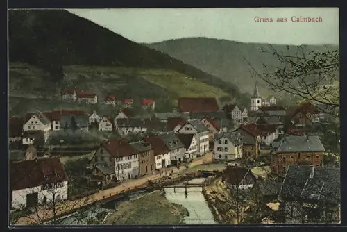 AK Calmbach, Ortsansicht mit Kirche und Fluss