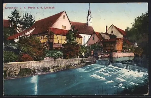AK Kirchheim u. T., Partie an der Lindach, Fachwerkhäuser, Kirche, Flusswehr