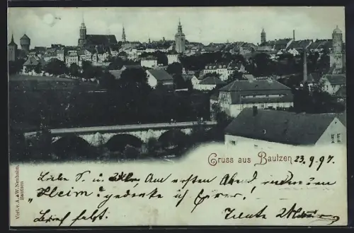 Mondschein-AK Bautzen, Stadtansicht mit Brücke und Kirchtürmen