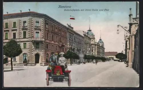 AK Konstanz, Bahnhofsplatz mit Hotel Halm und Post