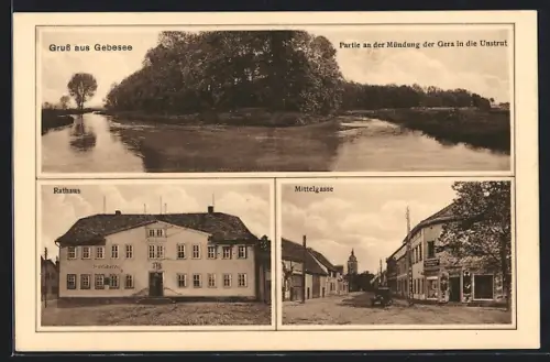 AK Gebesee, Partie an der Mündung der Gera in die Unstrut, Rathaus, Mittelgasse