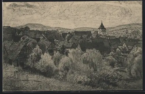 Künstler-AK sign. Gustav Schönleber: Sersheim, Ortsansicht mit Kirche, Zeichnung 1910