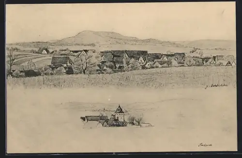 Künstler-AK sign. Gustav Schönleber:Sersheim, Ortsansicht und Kirche, Zeichnung 1869