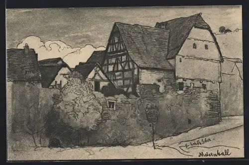 Künstler-AK sign. Gustav Schönleber: Niedernhall, Fachwerkhäuser und Stadtmauer