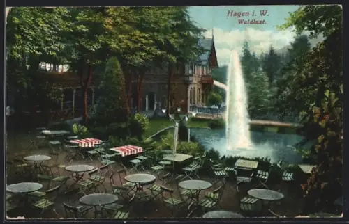 AK Hagen i. W., Waldlust, Gartenrestaurant, Springbrunnen