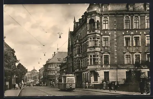 AK Nordhausen /Harz, Karl-Marx-Strasse, Brücke des Friedens, Strassenbahn