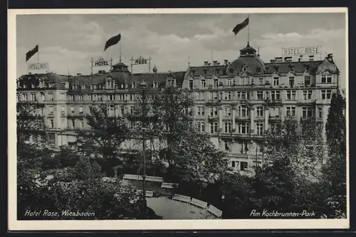 AK Wiesbaden, Hotel Rose, Am Kochbrunnen-Park,