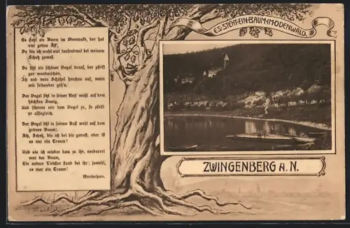 AK Zwingenberg a. N., Uferpartie, Passepartout mit Liedtext