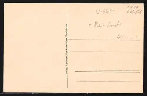 Lithographie Saarbrücken, Alte Brücke mit Kaiser-Wilhelm-Denkmal