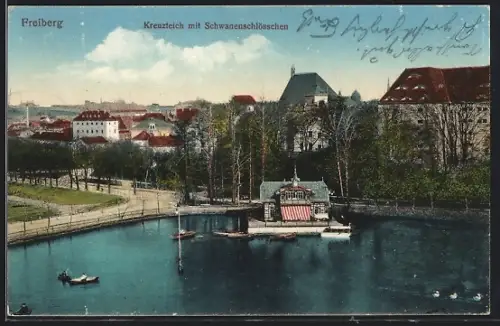 AK Freiberg / Sachsen, Kreuzteich mit Schwanenschlösschen