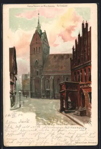 Lithographie Hannover, Marktkirche, Altes Rathaus