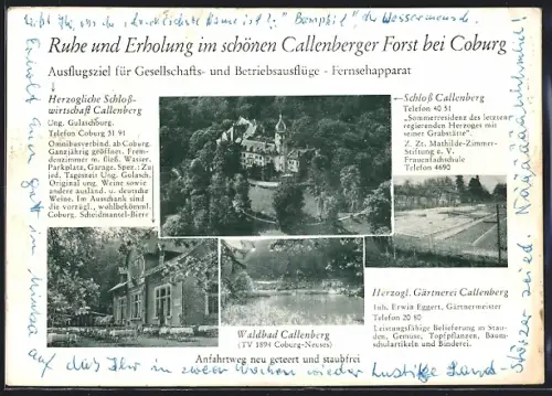 AK Coburg, Schloss Callenberg, Waldbad Callenberg, Herzogl. Gärtnerei Callenberg