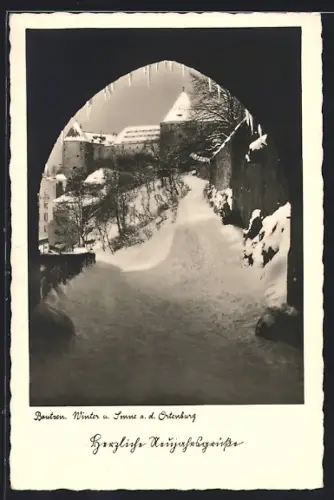 AK Passau, Ausblick vom Mühltor nach der Ortenburg im Winter