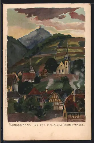 Künstler-AK Zwingenberg / Hessen, Melibocus, Bergstrasse