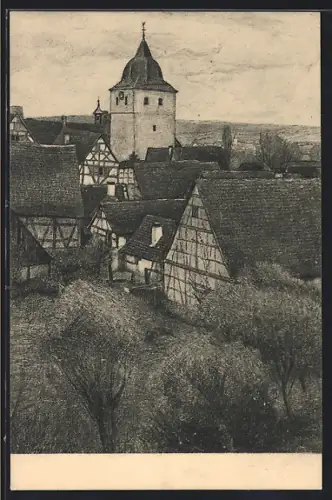 Künstler-AK Gustav Schönleber: Sersheim, Blick zur Johanneskirche, Zeichnung von 1901