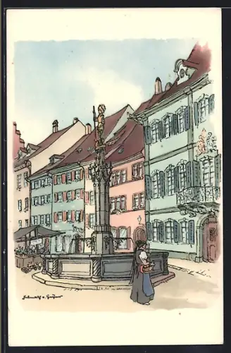 Künstler-AK sign. H. v. Geyer: Freiburg i. Br., Gotischer Brunnen