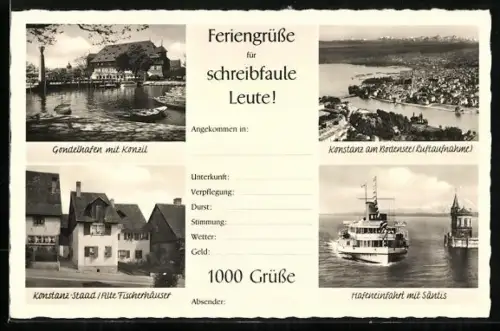 AK Konstanz, Gondelhafen mit Konzil, Alte Fischerhäuser, Hafeneinfahrt mit Säntis