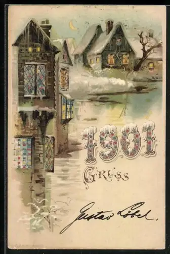 Lithographie Neujahrsgruss mit Jahreszahl 1901, Gebäude mit beleuchteten Fenstern und leuchtender Mond