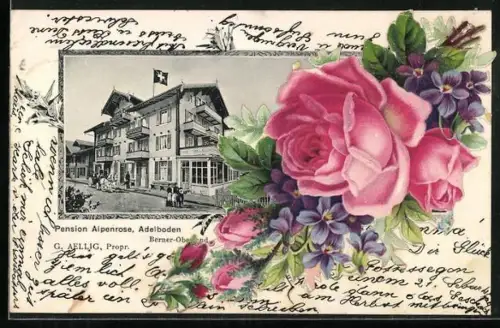 AK Adelboden, Pension Alpenrose, Rosen und lilane Blüten