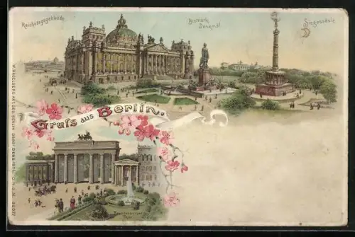 Lithographie Berlin, Reichstagsgebäude mit Bismarck-Denkmal u. Brandenburger Thor