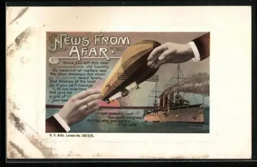 Künstler-AK Zeppelin und Dampfschiff, News from Afar