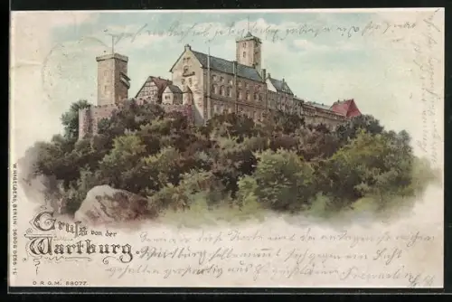 Lithographie Eisenach, Wartburg, Gruss von der Wartburg