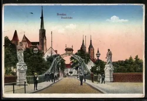 AK Breslau, Passanten auf der Dombrücke