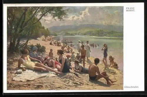Künstler-AK Sommertag im Strandbad Gänsehäufel, Sonnenanbeter in Badeanzügen und Badehosen