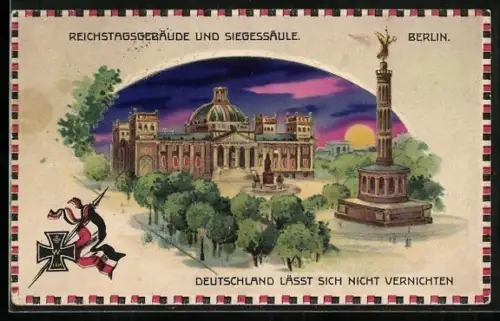 AK Berlin, Reichstagsgebäude und Siegessäule mit leuchtendem Himmel und Fenstern, Halt gegen das Licht