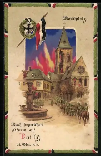 Künstler-AK Vailly, Nach siegreichem Sturm auf dem Marktplatz, Halt gegen das Licht