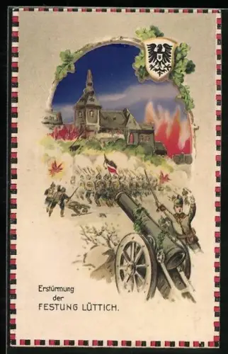 Künstler-AK Lüttich, Erstürmung der Festung durch deutsche Truppen, Leuchtende Feuer im Gegenlicht, Halt gegen das Licht