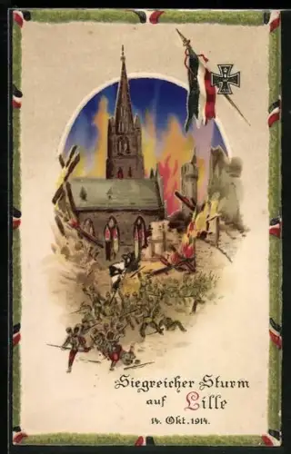 Künstler-AK Lille, Deutsche Truppen erobern die Stadt, Lodernde Brände, Halt gegen das Licht