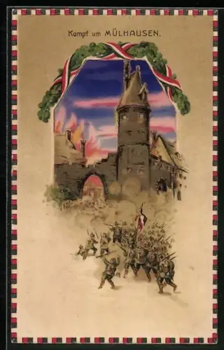 Künstler-AK Mülhausen, Kampf um Mühlhausem, Leuchtender Himmel im Gegenlicht, Halt gegen das Licht